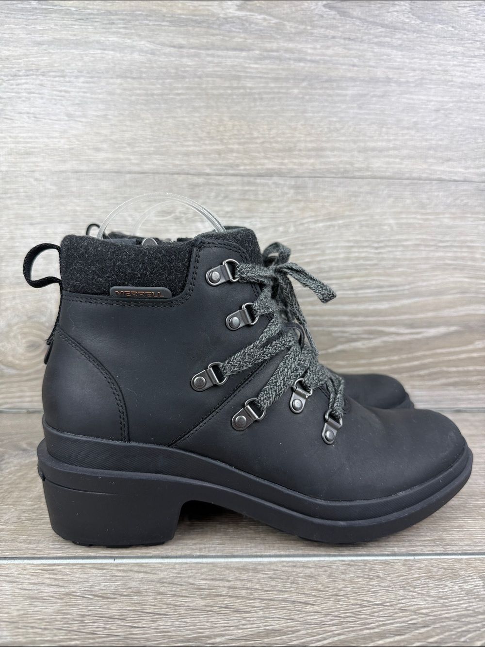 Merrell Chateau III Lace Waterproof Black Leather Warm Felt Zip Womens Sz 8 Boot